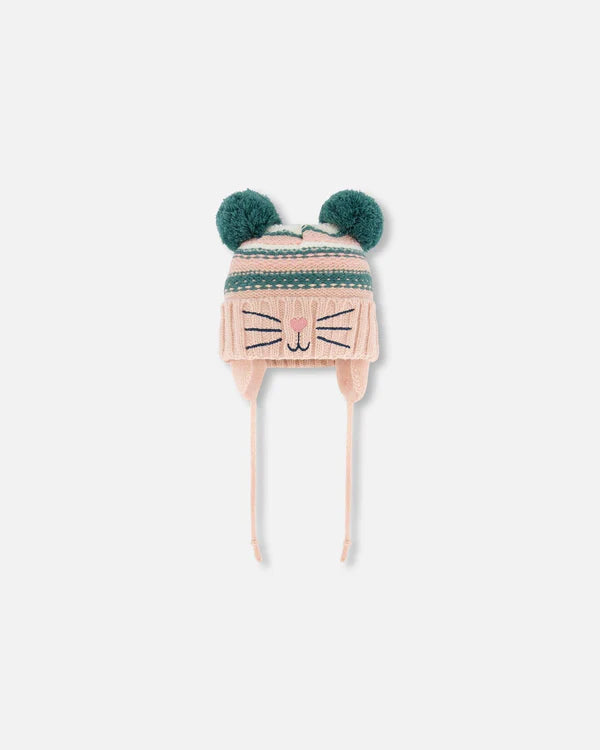 Deux Par Deux - Knit Hat With Ears Light Pink Cat Face/Bonnet en tricot rose pâle avec oreilles et tête de chat