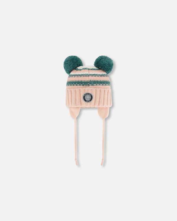 Deux Par Deux - Knit Hat With Ears Light Pink Cat Face/Bonnet en tricot rose pâle avec oreilles et tête de chat