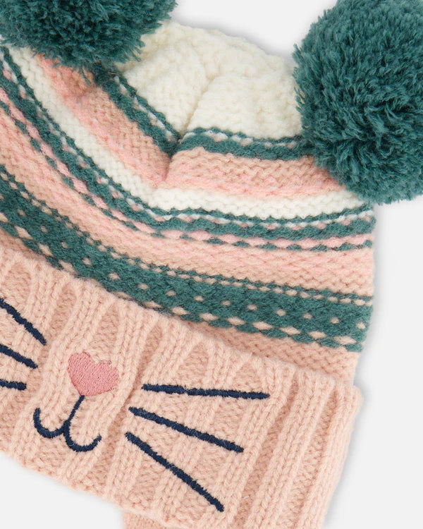 Deux Par Deux - Knit Hat With Ears Light Pink Cat Face/Bonnet en tricot rose pâle avec oreilles et tête de chat