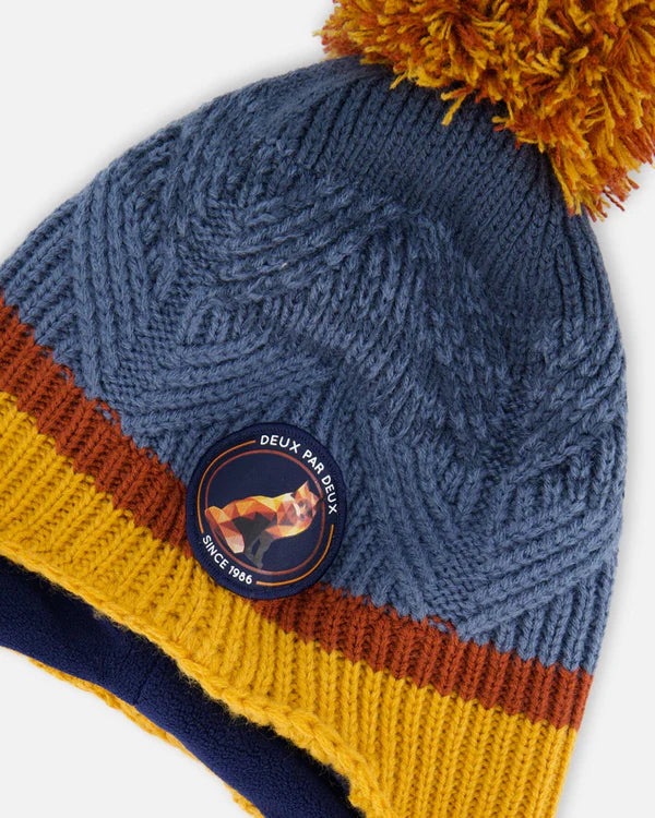 Deux Par Deux - Peruvian Knit Hat Gradient Navy And Yellow/Bonnet péruvien en tricot dégradé de bleu marine et jaune