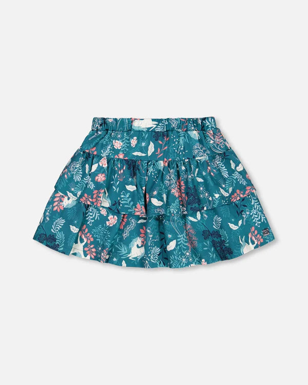 Deux Par Deux - Printed Flare Viscose Skirt Turquoise Printed Fairy Unicorn/Jupe évasée en viscose turquoise imprimé licornes féériques