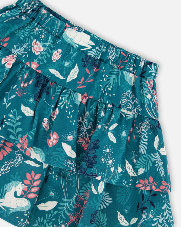 Deux Par Deux - Printed Flare Viscose Skirt Turquoise Printed Fairy Unicorn/Jupe évasée en viscose turquoise imprimé licornes féériques