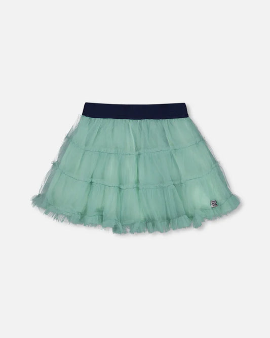 Deux Par Deux - Mesh Skirt With Frills Turquoise/Jupe en tulle à volants turquoise