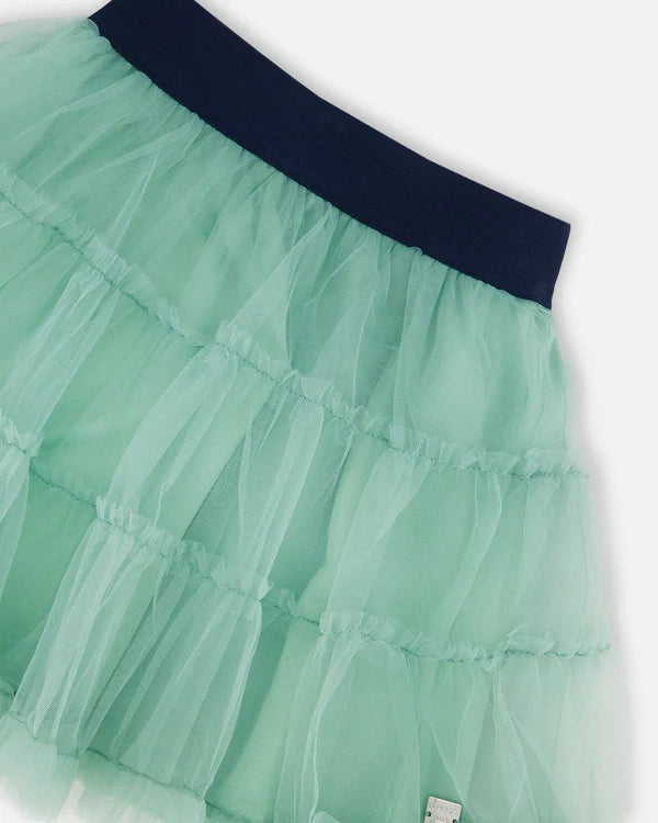 Deux Par Deux - Mesh Skirt With Frills Turquoise/Jupe en tulle à volants turquoise