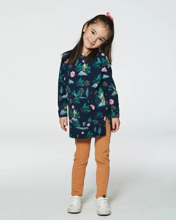 Deux Par Deux - Long Sleeve Tunic With Pocket Navy Printed Bambi/Tunique à manches longues avec poche bleu marine imprimé cerfs