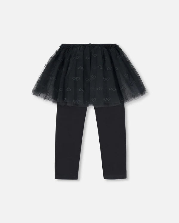 Deux par Deux - Leggings With Tulle Skirt Black/Legging avec jupe en tulle noir