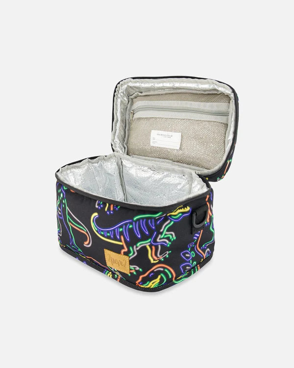 Deux Par Deux - Lunch Box Black Printed Neon Dino/Boîte à lunch noire imprimé dinosaures néon