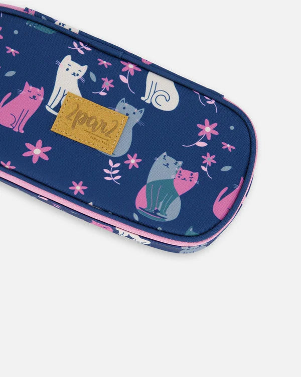 Deux Par Deux - Pencil Case Navy Blue Printed Kitten/Trousse à crayons bleu marine imprimé chatons