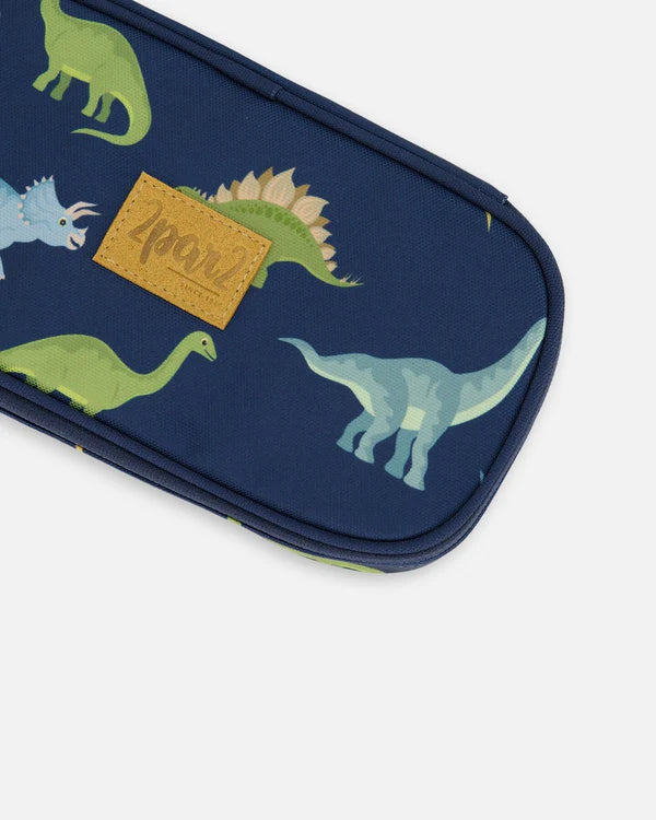 Deux Par Deux - Pencil Case Navy Blue Printed Dinosaurs/Trousse à crayons bleu marine imprimé dinosaures