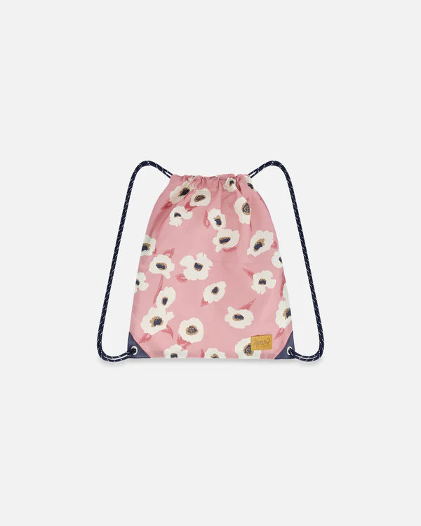 Deux Par Deux - Drawstring Bag Pink Printed Off White Flowers/Sac à cordon rose imprimé fleurs blanches