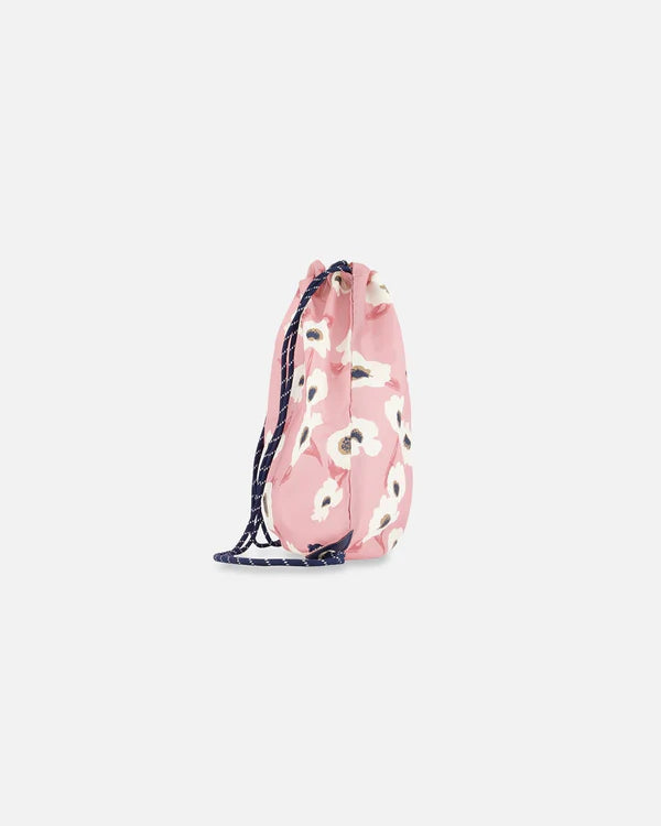 Deux Par Deux - Drawstring Bag Pink Printed Off White Flowers/Sac à cordon rose imprimé fleurs blanches