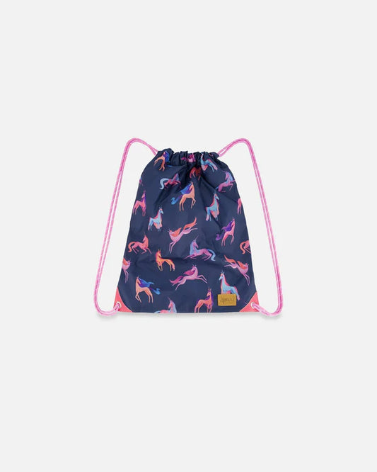 Deux Par Deux - Drawstring Bag Navy Printed Unicorn/Sac à cordon imprimé bleu marine avec licornes