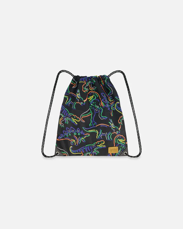 Deux Par Deux - Drawstring Bag Black Printed Neon Dino/Sac à cordon noir imprimé dinosaures néon