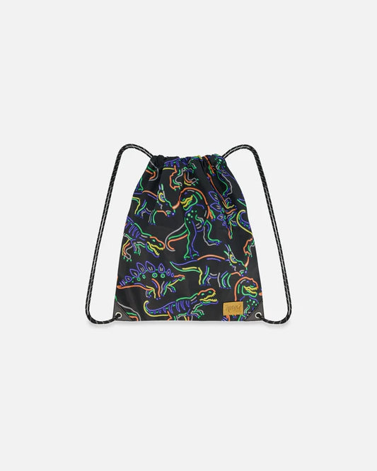 Deux Par Deux - Drawstring Bag Black Printed Neon Dino/Sac à cordon noir imprimé dinosaures néon