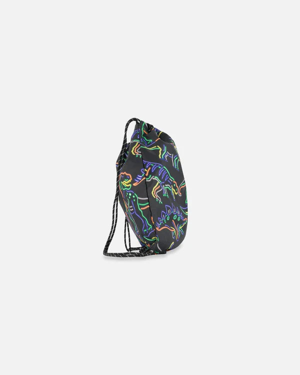 Deux Par Deux - Drawstring Bag Black Printed Neon Dino/Sac à cordon noir imprimé dinosaures néon