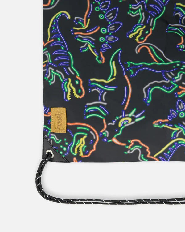 Deux Par Deux - Drawstring Bag Black Printed Neon Dino/Sac à cordon noir imprimé dinosaures néon