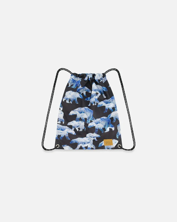 Deux Par Deux - Drawstring Bag Black Printed Polar Bears/Sac à cordon noir imprimé ours polaires