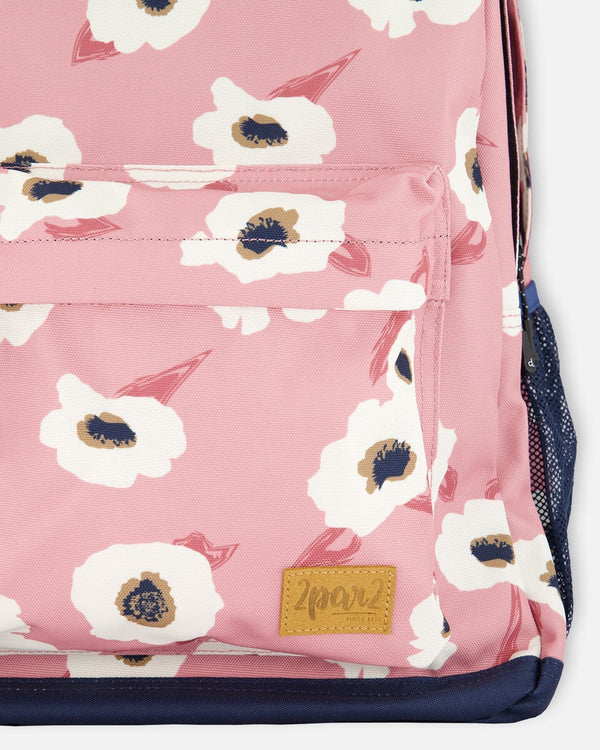 Deux Par Deux - Backpack Pink Printed Off White Flowers/Sac à dos rose imprimé fleurs blanches