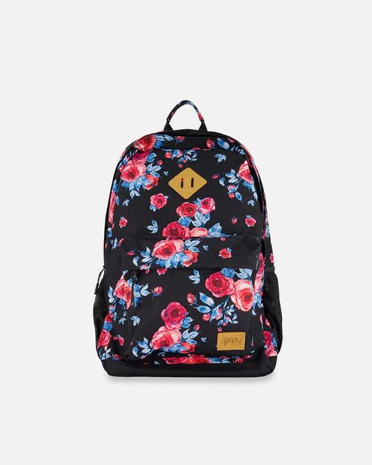 Deux Par Deux - Backpack Black Printed Roses/Sac à dos noir imprimé de roses