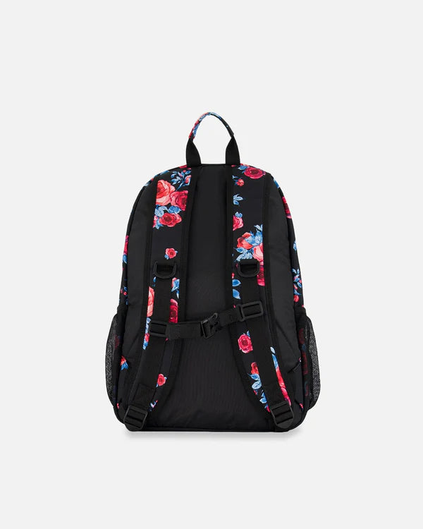 Deux Par Deux - Backpack Black Printed Roses/Sac à dos noir imprimé de roses