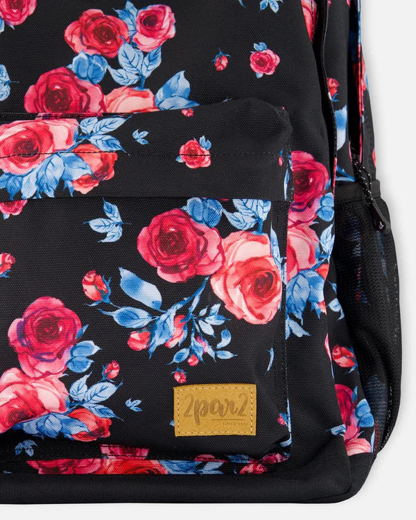 Deux Par Deux - Backpack Black Printed Roses/Sac à dos noir imprimé de roses