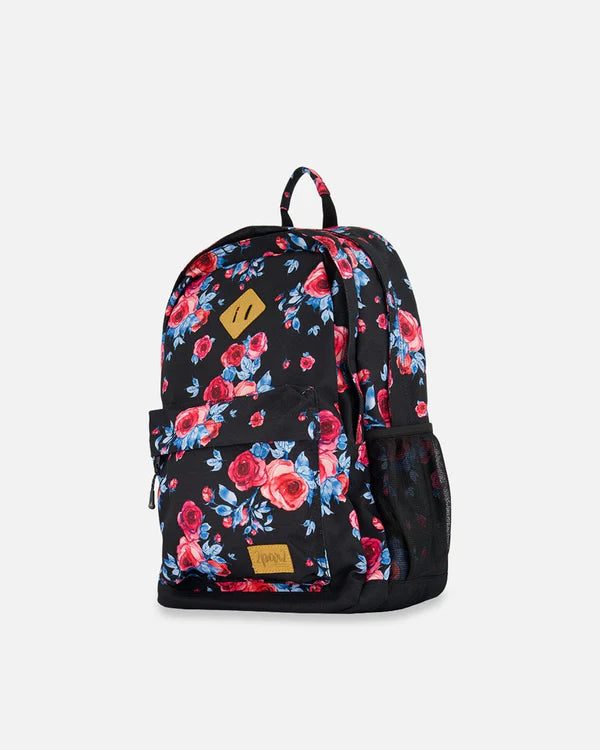 Deux Par Deux - Backpack Black Printed Roses/Sac à dos noir imprimé de roses