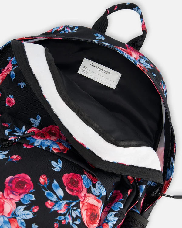 Deux Par Deux - Backpack Black Printed Roses/Sac à dos noir imprimé de roses