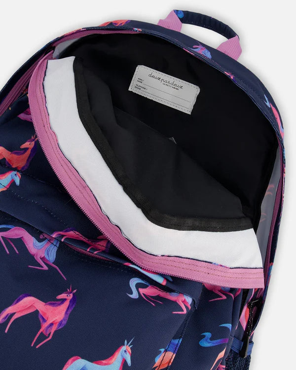 Deux Par Deux - Backpack Navy Printed Unicorn/Sac à dos bleu marine imprimé licornes