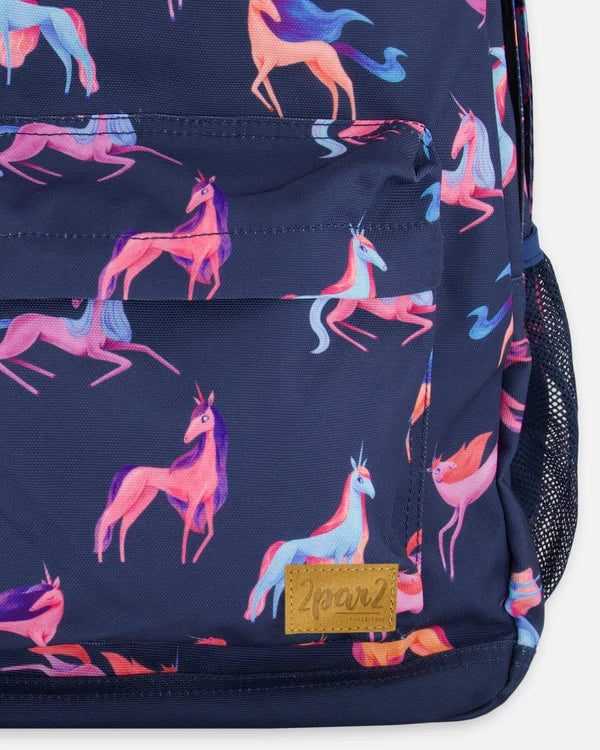 Deux Par Deux - Backpack Navy Printed Unicorn/Sac à dos bleu marine imprimé licornes