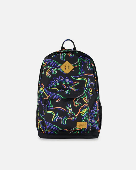 Deux Par Deux - Backpack Black Printed Neon Dino/Sac à dos noir imprimé dinosaures néon