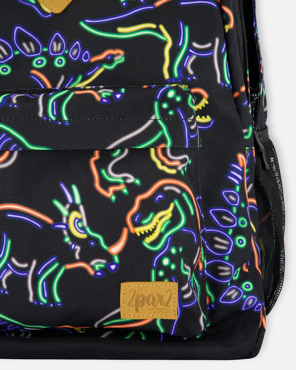 Deux Par Deux - Backpack Black Printed Neon Dino/Sac à dos noir imprimé dinosaures néon