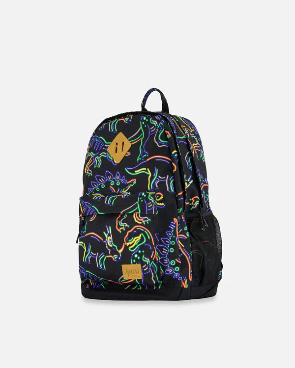 Deux Par Deux - Backpack Black Printed Neon Dino/Sac à dos noir imprimé dinosaures néon