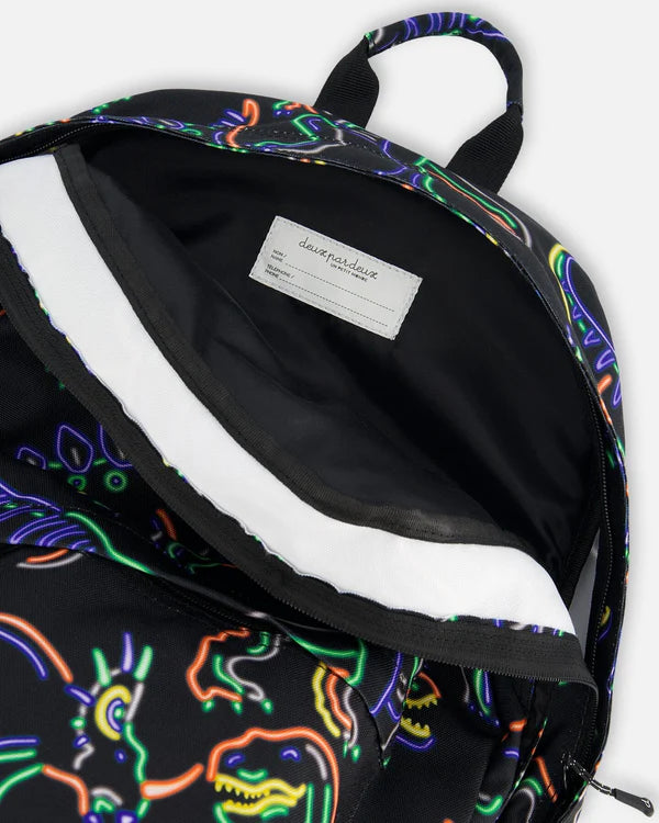 Deux Par Deux - Backpack Black Printed Neon Dino/Sac à dos noir imprimé dinosaures néon