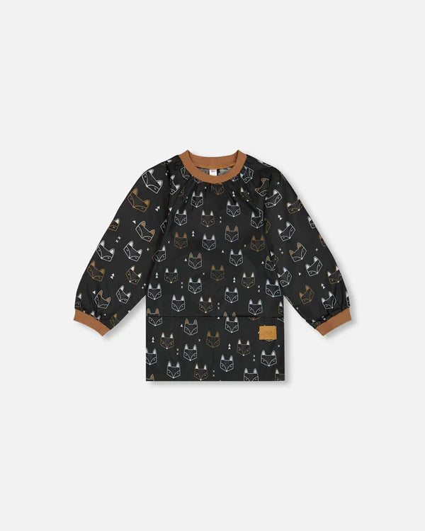 Deux Par Deux - School Apron Black Printed Fox/Tablier d'école imprimé noir avec renards