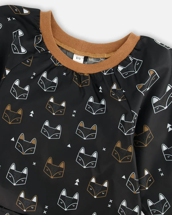 Deux Par Deux - School Apron Black Printed Fox/Tablier d'école imprimé noir avec renards