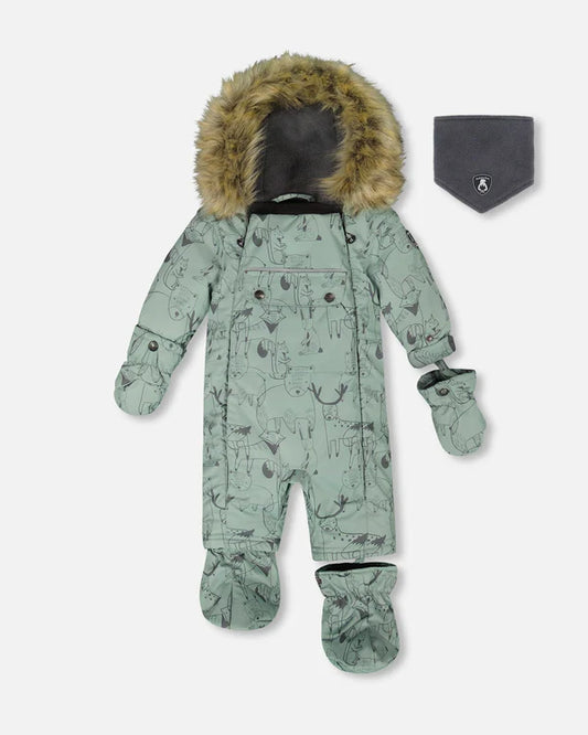 Deux Par Deux - One Piece Snowsuit Designed For Car Seats - Sage Animal Print