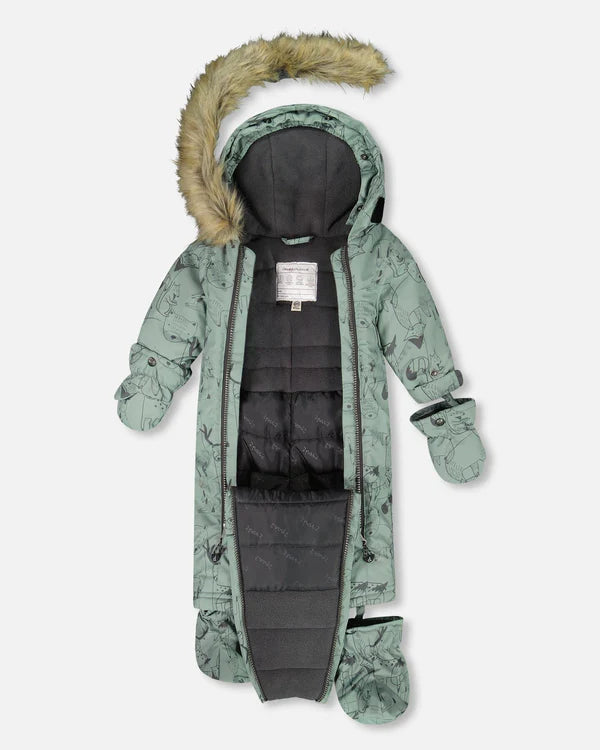 Deux Par Deux - One Piece Snowsuit Designed For Car Seats - Sage Animal Print