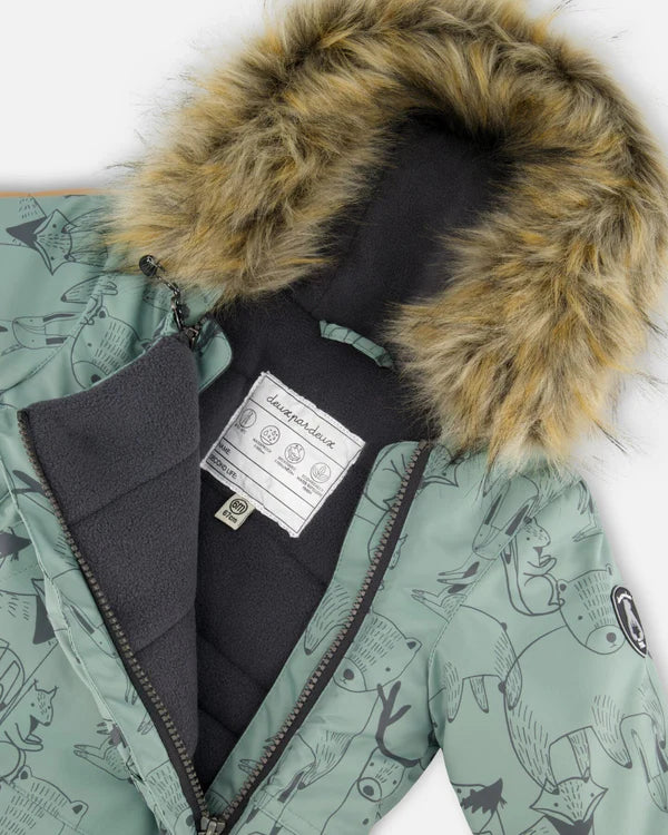 Deux Par Deux - One Piece Snowsuit Designed For Car Seats - Sage Animal Print