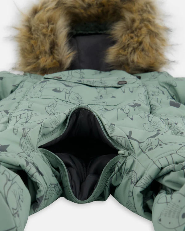 Deux Par Deux - One Piece Snowsuit Designed For Car Seats - Sage Animal Print