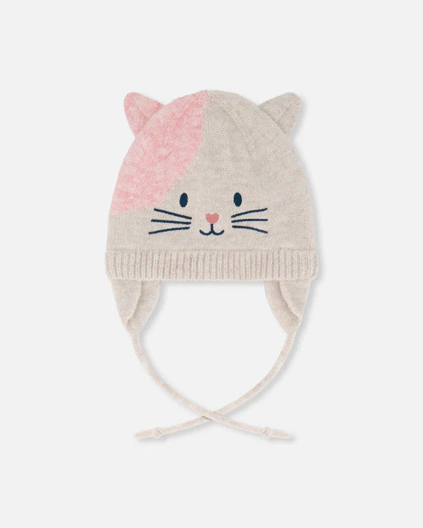 Deux Par Deux - Knit Hat with Ears - Ivory & Pink