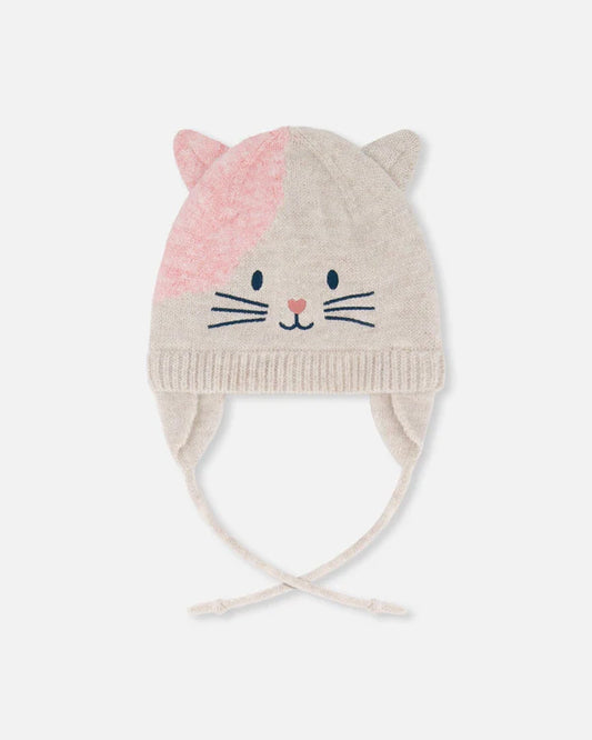Deux Par Deux - Knit Hat with Ears - Ivory & Pink