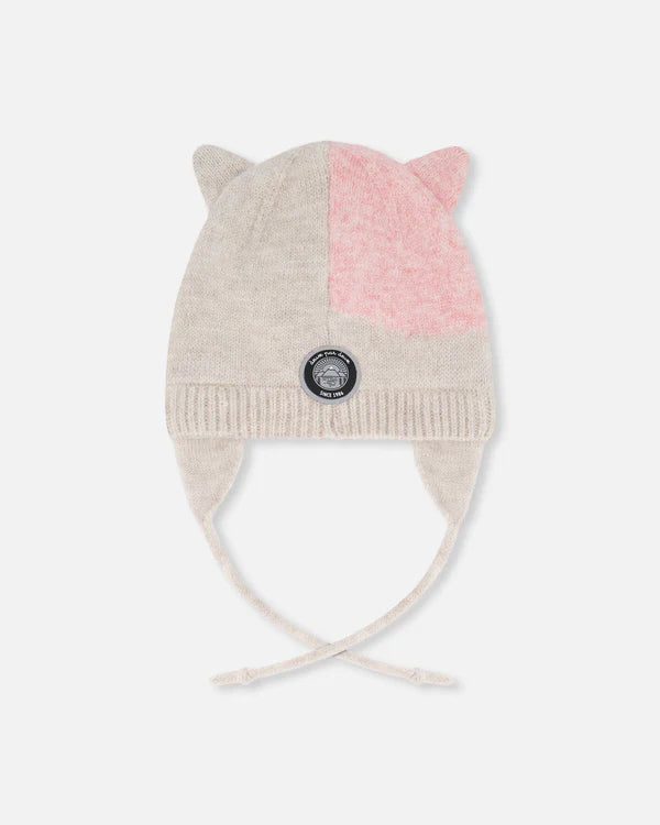 Deux Par Deux - Knit Hat with Ears - Ivory & Pink