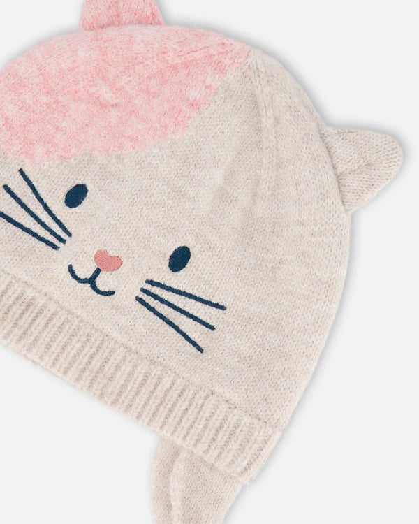 Deux Par Deux - Knit Hat with Ears - Ivory & Pink