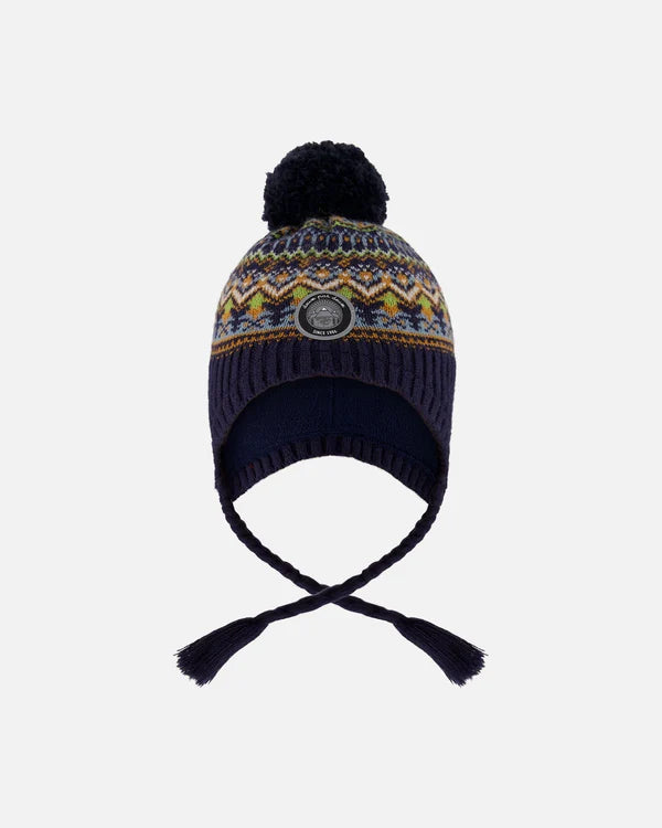 Deux Par Deux - Knit Hat with Pompom - Taupe & Navy