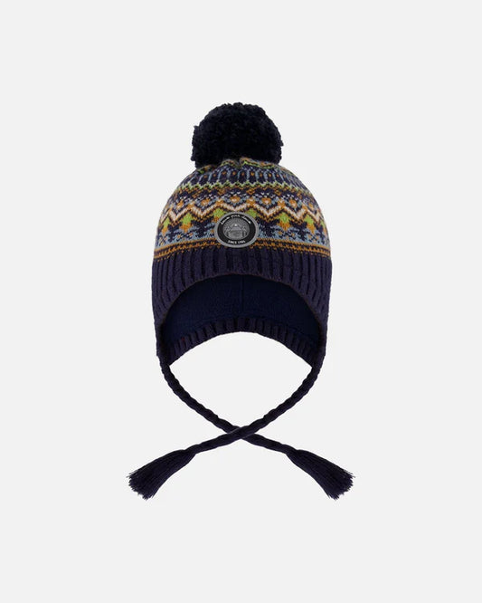 Deux Par Deux - Knit Hat with Pompom - Taupe & Navy