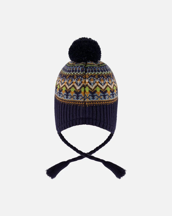 Deux Par Deux - Knit Hat with Pompom - Taupe & Navy