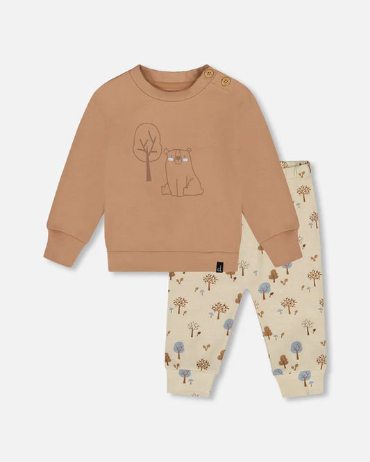 Deux Par Deux - Long Sleeve Top & Pant Set - Beige Tree Print