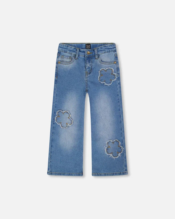 Deux par Deux - Wide Leg Denim With Flower Stitching - Light Blue