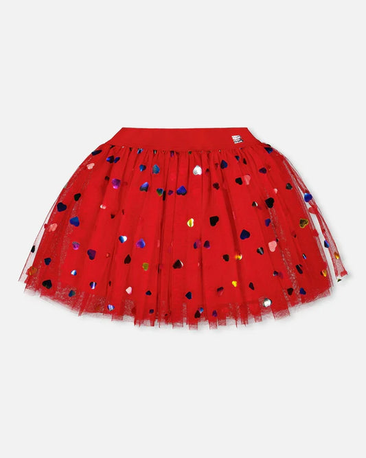 Deux Par Deux - Tulle Skirt With Iridescent Heart Confettis - Cardinal