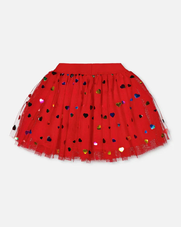 Deux Par Deux - Tulle Skirt With Iridescent Heart Confettis - Cardinal